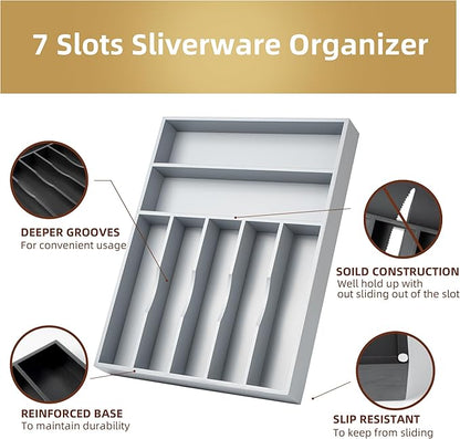 Besilord Silverware Organizer 13 Inch Gray Bamboo Kitchen Drawer Organizer 7 - Image 4