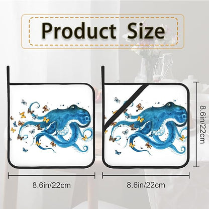 Blue Octopus Butterfly Pot Holder Set of 2, Heat Resistant Potholders Oven Hot - Image 2