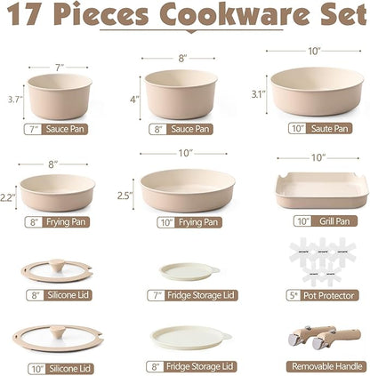 SENSARTE 17 Piece Ceramic Pots and Pans Set, Nonstick Detachable Handle Cookware - Image 2