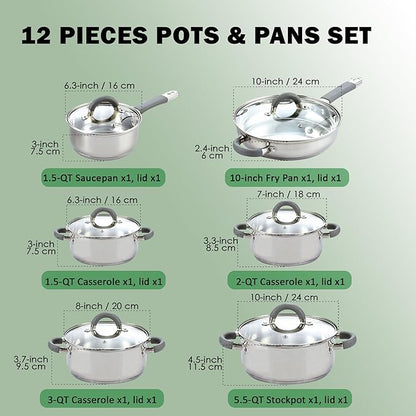 Cook N Home Stainless Steel Cookware Sets, 3-Ply 12 Pcs Pots and Pans Set - Image 2