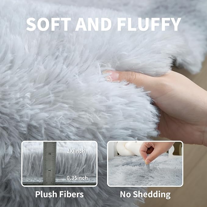 KICHOWUA 4x6 Light Grey Fluffy Shag Area Rug - Image 3