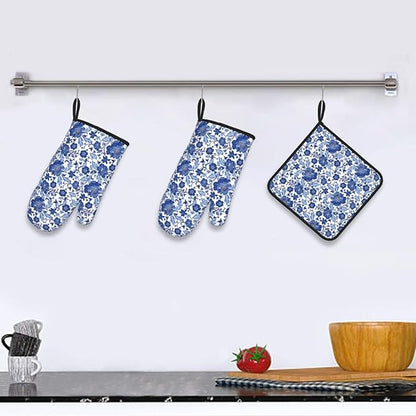 Navy Blue Floral Oven Mitts and Pot Holders Sets, Heat Resistant Oven Gloves - Image 6