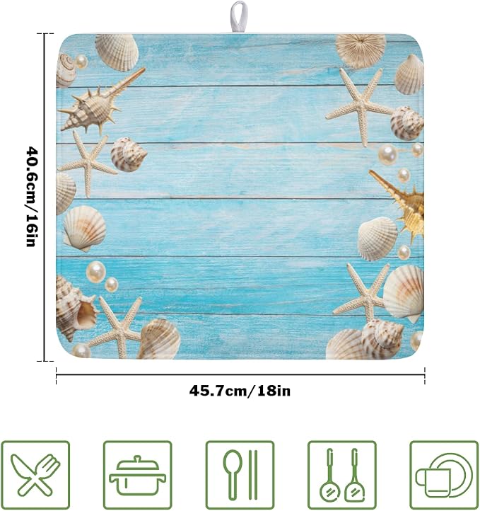 Summer Coastal Dish Drying Mat for Kitchen Counter Seashell Starfish Blue - Image 2