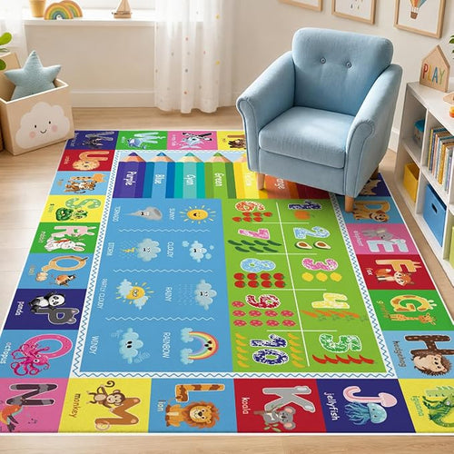 ABC Educational Area Rug for Kids Playroom, Non Slip Washable Classroom Rug by Bildenly