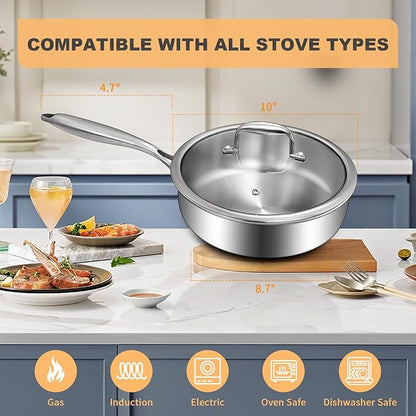 EWFEN Tri-Ply Stainless Steel Frying Pan 3QT, 10 Inch Deep Frying Pan - Image 6
