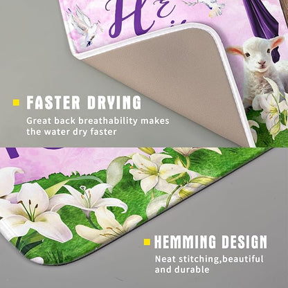 Giwawa Easter Purple Dish Drying Mat, He is Risen Cross Lamb Floral Dish - Image 3