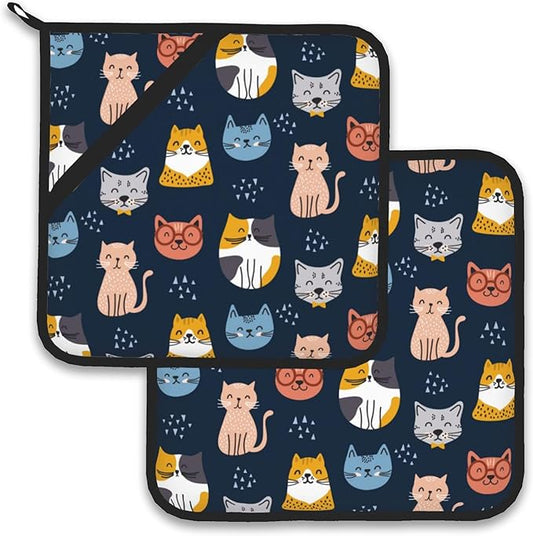 Cute Cat Pot Holder Set of 2, Heat Resistant Potholders Oven Hot Pads by Larkverk