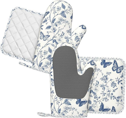 Oven Mitts and Pot Holders Butterfly Flower Vintage Blue Silicone Kitchen - Image 2