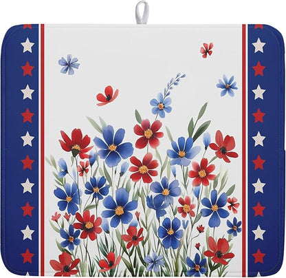 4th of July Dish Drying Mats for Kitchen Counter Patriotic Star Microfiber by Kawani