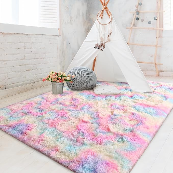 FlyDOIT Large Area Rugs for Living Room, 4x6 Feet Tie-Dyed Rainbow Shaggy Rug - Image 9
