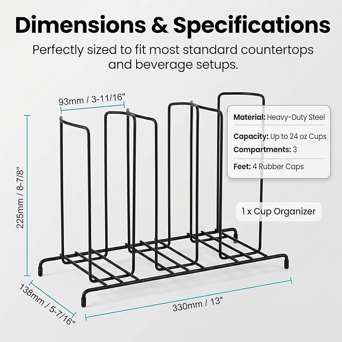 QWORK Wire Frame Cup and Lid Organizer, 3 Compartment Metal Wire Rack - Image 4
