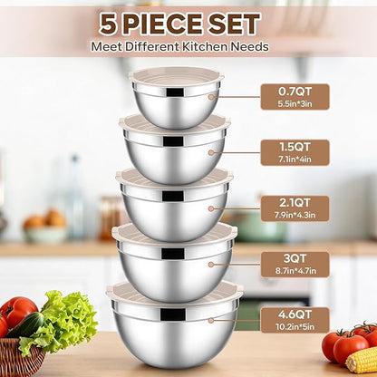 E-far Mixing Bowls With Lids Sets of 5, 10-Piece Stainless Steel Salad Metal - Image 2