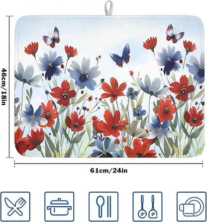 4th of July Dish Drying Mat for Kitchen Counter 18 x 24 Inch Patriotic Floral - Image 2
