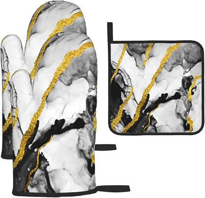 Black White Marble with Gold Stripes Oven Mitts and Pot Holders Set of 3 by Unknown