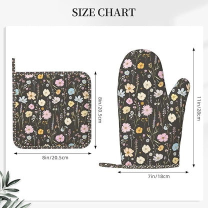 Oven Mitts and Pot Holders Set, Vintage Flower Botanical Leaf Silicone Kitchen - Image 3