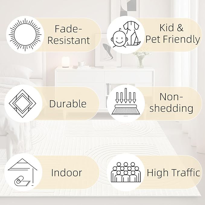 5x7 Geometric Solid Beige Area Rug – Washable, Durable Non-Slip Indoor Carpet - Image 3