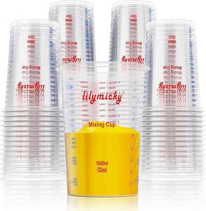 50 PACK Plastic Measuring Cups, 32 oz Disposable Mixing Cups, Measurement by Lilymicky