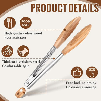 Baderke 2 Pcs Olive Wooden Kitchen Tongs - Image 3