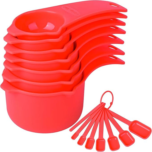 Red Measuring Cups and Spoons Set 15, 7 Plastic Measuring Cup Set, 7 Spice Long by Kalsreui