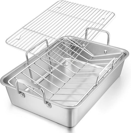 E-far Roasting Pan, 16 x 11.5 Inch Stainless Steel Turkey Roaster by E-far