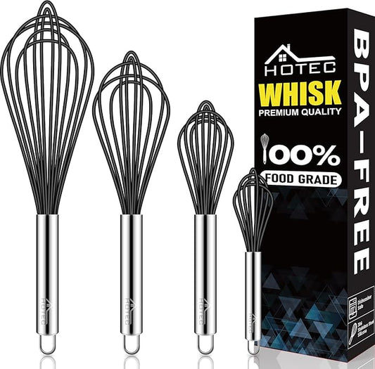 HOTEC 4 Pieces Silicone Whisks Set, Wire Balloon Whisks Egg Beater, Non-slip by Hotec