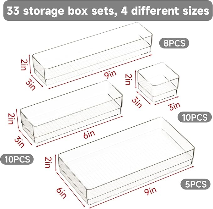 33 PCS Clear Plastic Drawer Organizer Set, 4 Sizes Acrylic Drawer Storage Trays - Image 2
