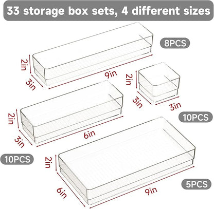 33 PCS Clear Plastic Drawer Organizer Set, 4 Sizes Acrylic Drawer Storage Trays - Image 2
