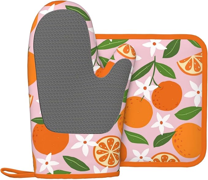 Tropical Fruit Oranges Silicone Oven Mitts Pan Mats Set of 2, Heat Resistant - Image 2