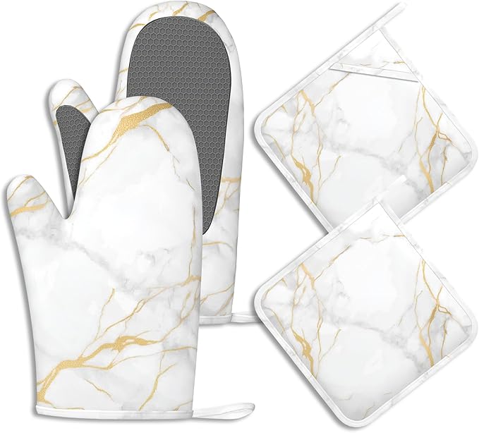 White Gold Marble Pot Holders and Oven Mitts Set Silicone Abstract Marble by BIGXIUKA