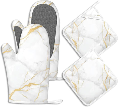 White Gold Marble Pot Holders and Oven Mitts Set Silicone Abstract Marble by BIGXIUKA