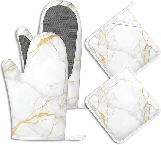 White Gold Marble Pot Holders and Oven Mitts Set Silicone Abstract Marble by BIGXIUKA