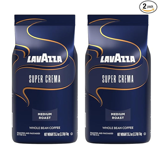 Lavazza Super Crema Whole Bean Coffee, Medium Espresso Roast, Arabica and Robusta Blend, 2.2 lb Bag (Pack of 2)