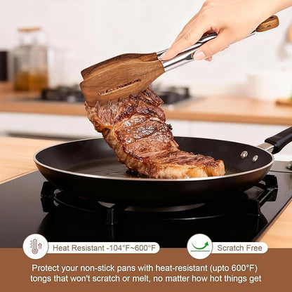 2 Pack 3-in-1 Wooden Tongs for Cooking Natural Walnut Wood kitchen Tongs - Image 5