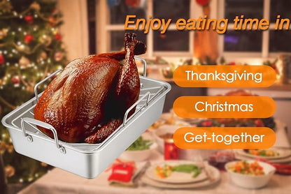 TeamFar Stainless Steel Roasting Pan, 16 Inch Large Turkey Roaster Lasagna Pan - Image 7