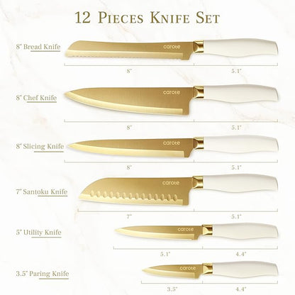 CAROTE 12PCS Kitchen Knife Set, Healthy Gold Titanium Coating Knife Set - Image 2