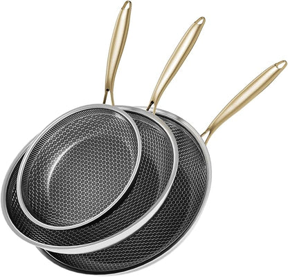 Nonstick Frying Pan Set, 8+10+12 Inch, Honeycomb Stainless Steel Skillet Pans by XBM
