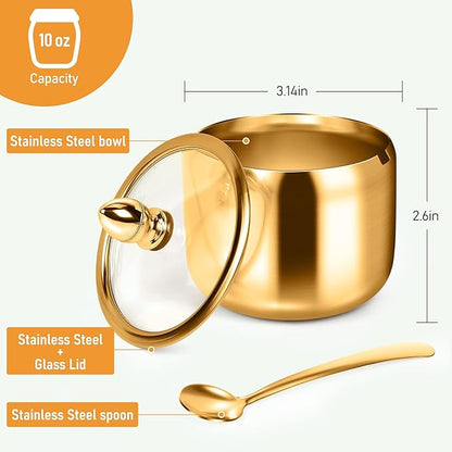 holoith Sugar Container with Glass Lid and Spoon - 10oz Gold Sugar Bowl - Image 3