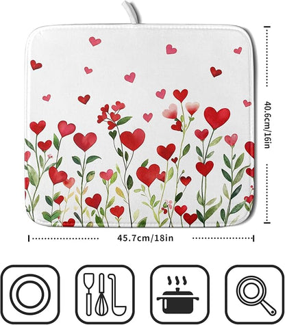 Valentines Day Dish Drying Mat for Kitchen Counter 18x16 Inch Green Red Heart - Image 4