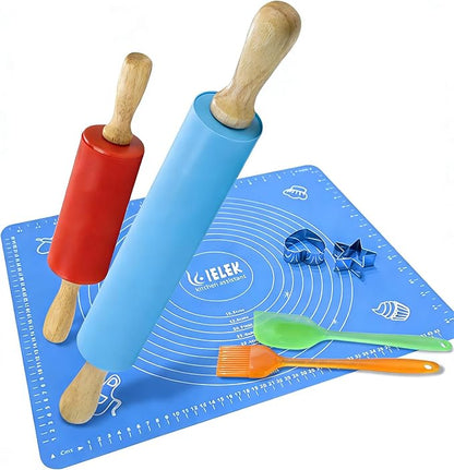Non-Stick Rolling Pin Silicone Basting Pastry Mat Spatula Brushes Set:Combo Kit by IELEK