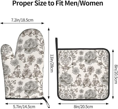 Vintage Flowers Oven Mitts and Pot Holders Sets Boho Kitchen Gloves White Grey - Image 3