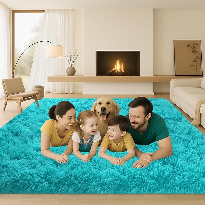Teal Blue Plush Rug 9x12, Fluffy Shag Carpet Non-Slip, Area Rug - Image 3