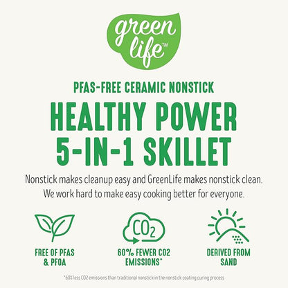 GreenLife 12" 5QT Square Electric Skillet, Glass Vented Lid, Ceramic PFAS-Free - Image 8