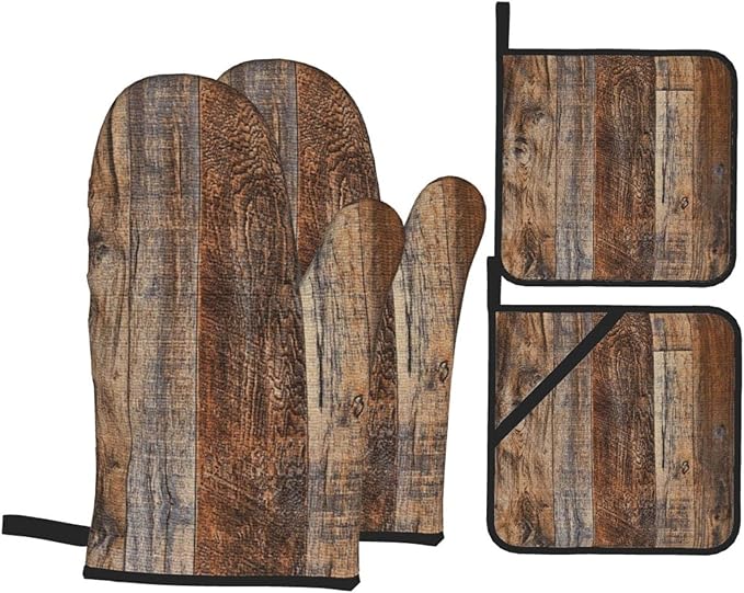 Oven Mitts and Pot Holders Sets of 4, Vintage Brown Wood Splicing Pattern by DONMYER