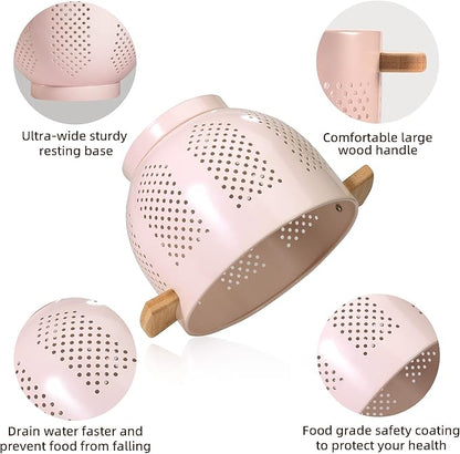 Metal Colander with Wood Handle and Stable Base, Powder Coated Steel Kitchen - Image 5