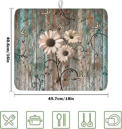 Dish Drying Mat for Kitchen Counter 16 x 18 Inch Rustic Vintage Daisy Floral - Image 2