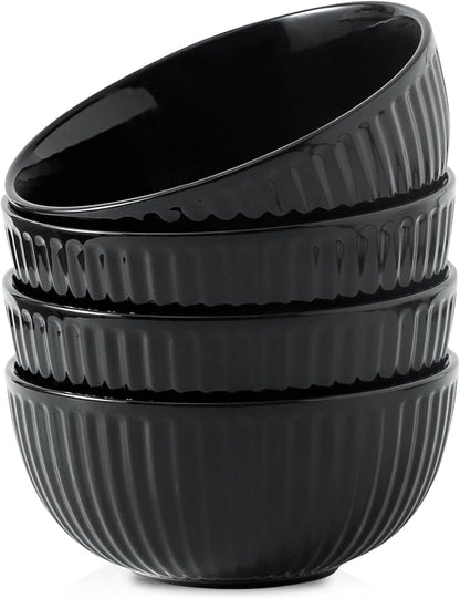 HASENSE 7 Inch Large Serving Bowls Set of 4, 42 Oz Black Ceramic Salad Bowl by Hasense