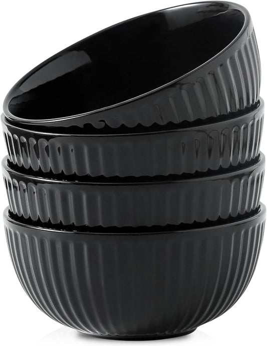 HASENSE 7 Inch Large Serving Bowls Set of 4, 42 Oz Black Ceramic Salad Bowl by Hasense