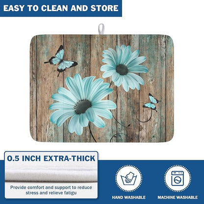 Teal Sunflowers Drying Mat 24x18 Inch, Summer Wooden Board Drying Mat - Image 5