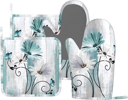 Teal Daisy Oven Mitts Pot Holders Set Silicone Heat Resistant Farm Teal Daisy by LONSANT