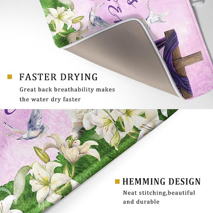 Giwawa Easter Purple Dish Drying Mat, He is Risen Cross Lamb Floral Dish - Image 3
